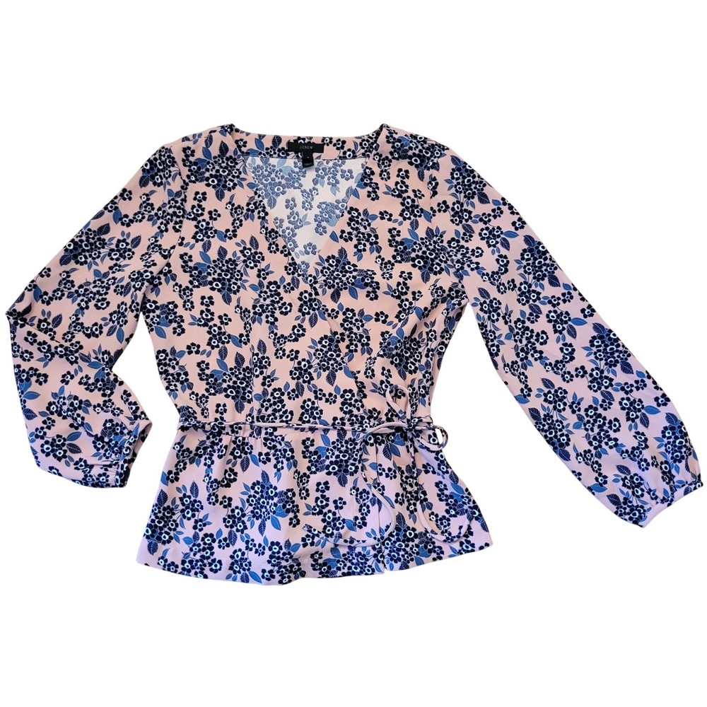 J Crew 4 Wrap Top Pink Navy Floral Long Sleeve Peplum Blouse Blush Bouquet Crepe